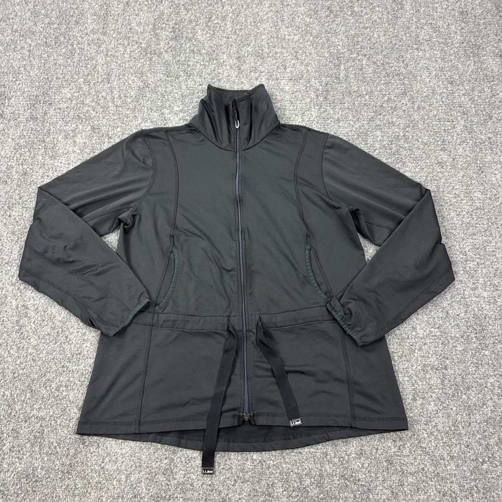 LL Bean Jacket Womens Large Black Full Zip Thumbholes Stretch Lightweight